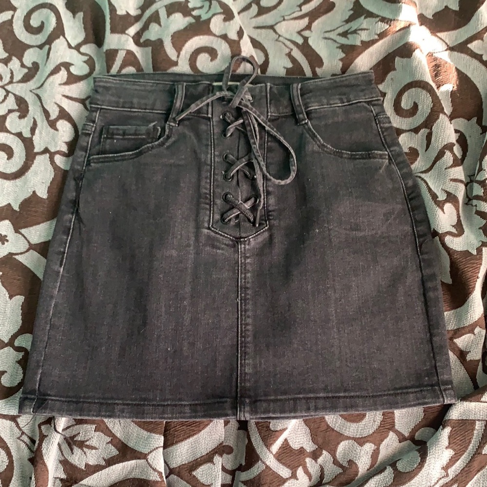 Garage grey denim lace up skirt